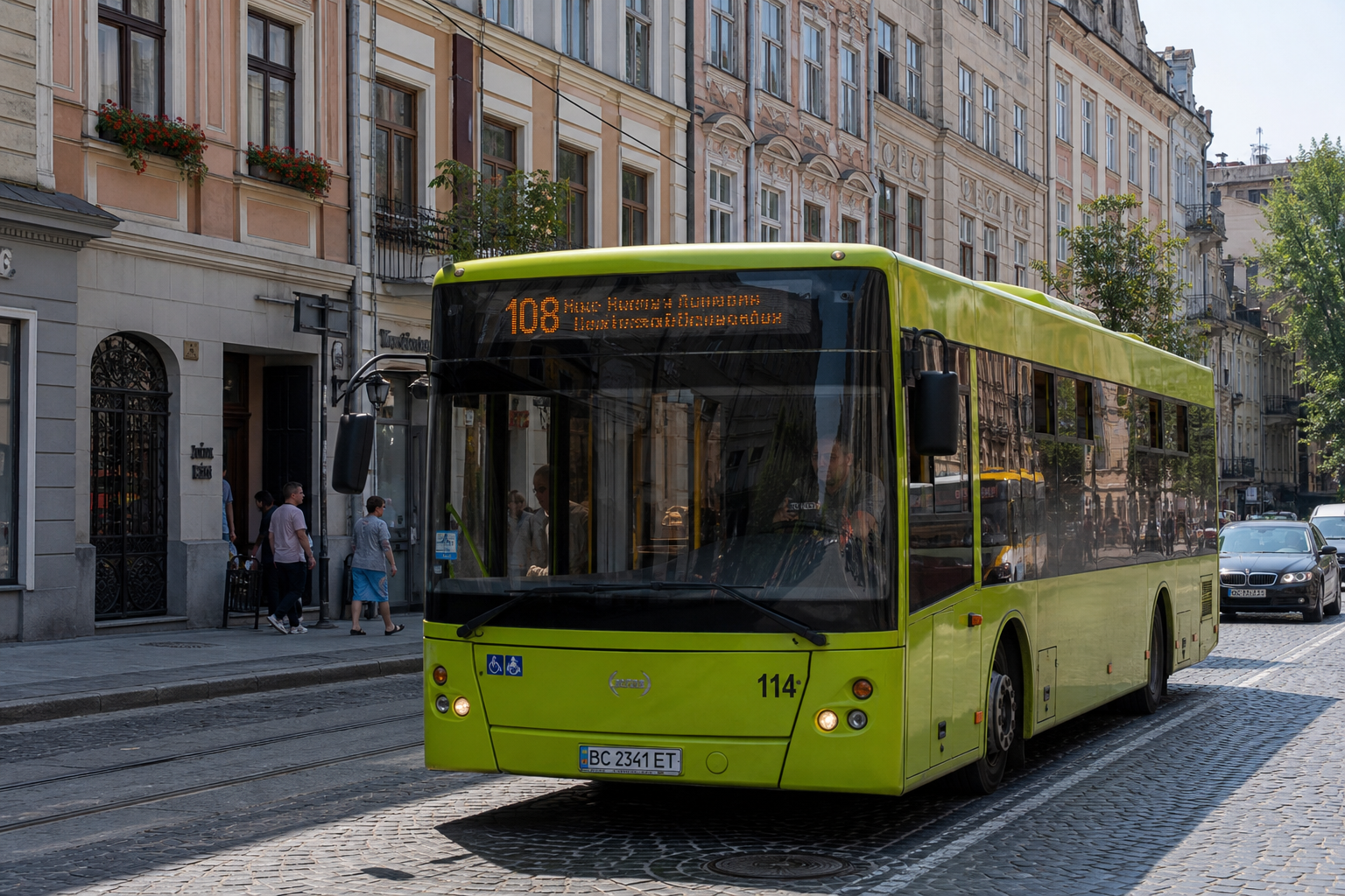 108 автобус (вул. Степана Бандери - с. Кугаїв) на фоні Львів