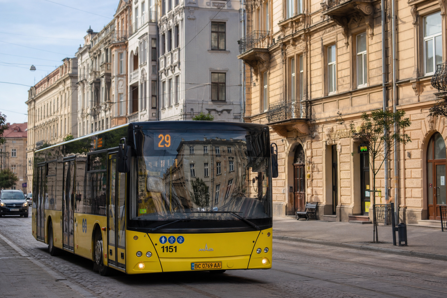 29 автобус (Залізничний вокзал - Винники (вул. Івасюка)) на фоні Львів