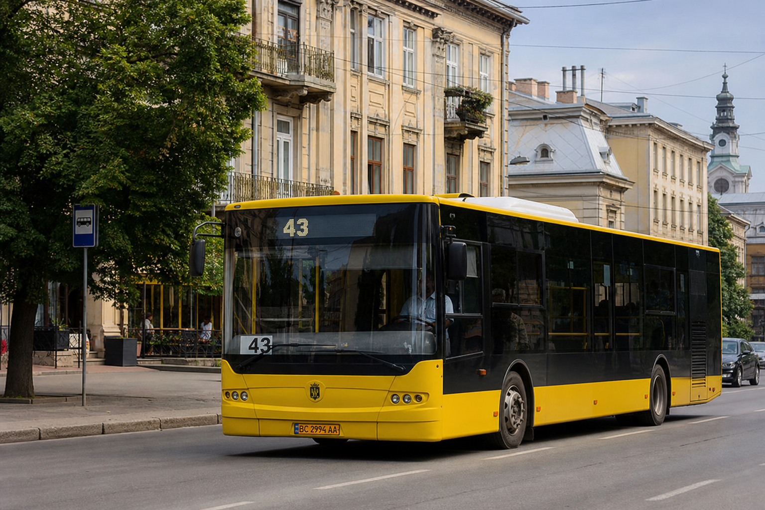 43 автобус (Суботівська - Лікарня святого Луки) на фоні Львів