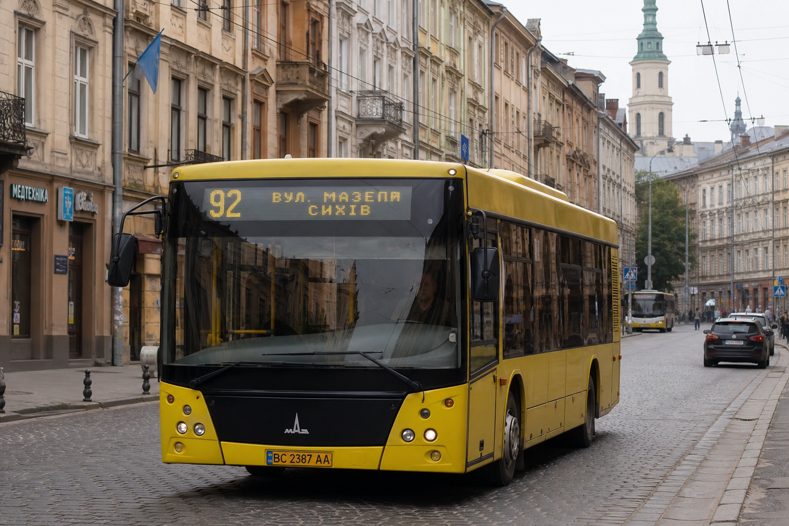 92 автобус (Городоцька, АС "Західна" - Джорджа Вашингтона) на фоні Львів