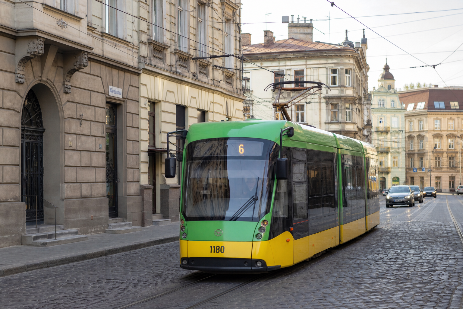 6 трамвай (Залізничний вокзал - Миколайчука) на фоні Львів